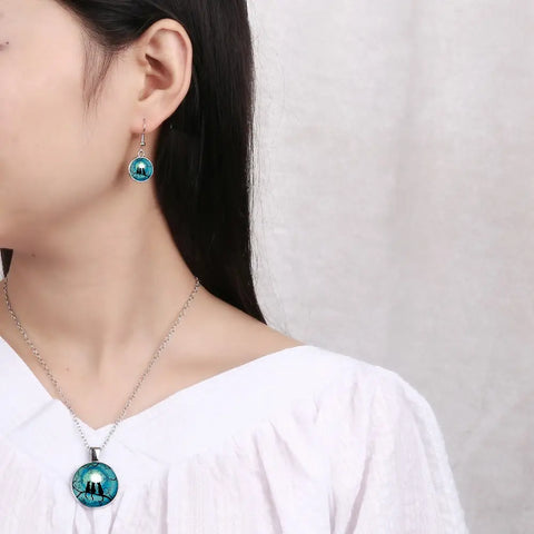Three Cats Glow In the Dark Round Cameo - Necklace and Earring Set