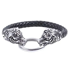 Tiger bracelet with black braided leather and silver tiger head clasps
