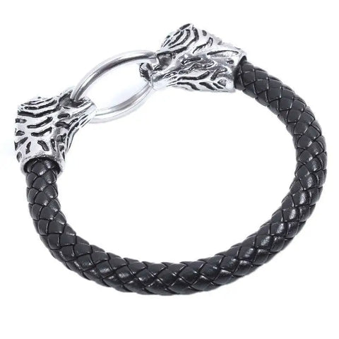 Black braided leather Tiger Bracelet with silver wolf head clasps