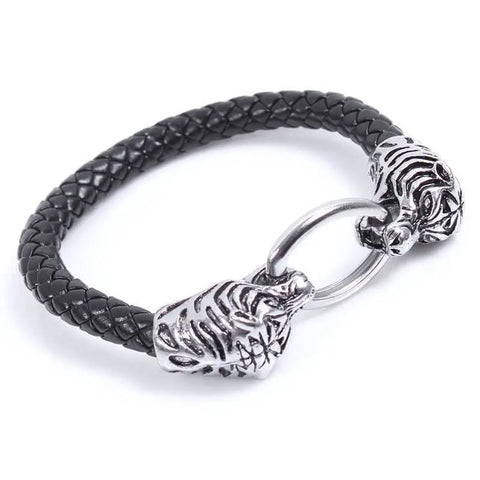 Tiger Bracelet: black braided leather with silver tiger head clasps