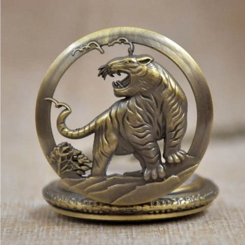 Antique brass tiger pocket watch figurine roaring in ornate border