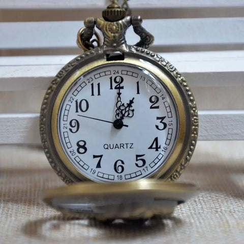 Tiger Pocket Watch: antique brass-finished with white dial, black Arabic numerals