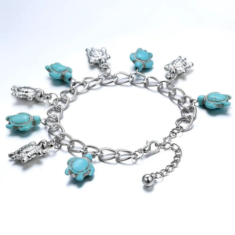 Silver turquoise turtle charm bracelet symbol of protection