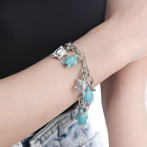 Silver turquoise turtle charm bracelet symbol of protection