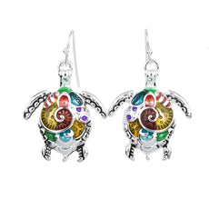 Colorful enamel turtle earrings with silver hooks, good luck symbol