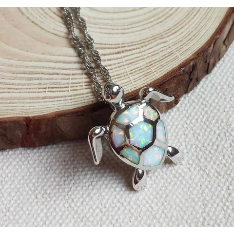 Silver turtle pendant necklace with iridescent opal shell inlay