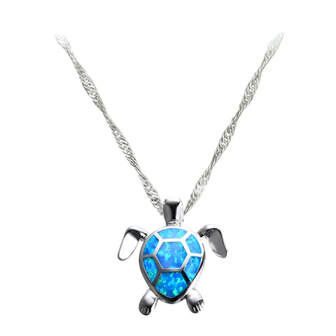 Silver turtle necklace with blue opal shell inlay, symbol of protection