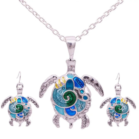 Silver turtle pendant necklace with blue green yellow enamel symbol of protection