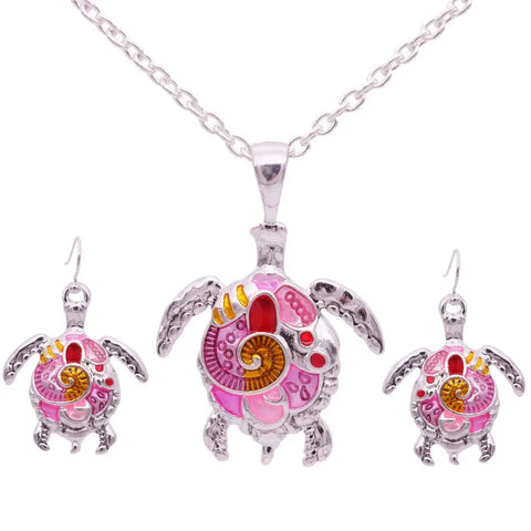 Pink gold enamel sea turtle pendant necklace with earrings, silver-toned