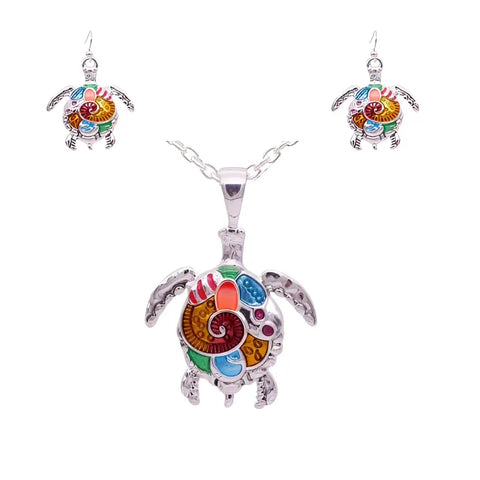 Silver turtle pendant necklace with colorful enamel and matching earrings