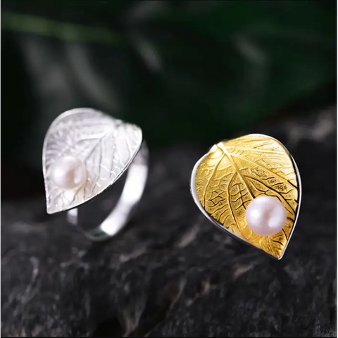 Water drop on a Leaf Sterling Silver Ring