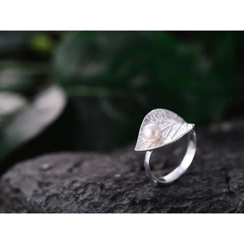 Water drop on a Leaf Sterling Silver Ring