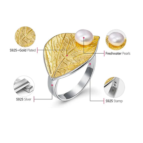 Water drop on a Leaf Sterling Silver Ring