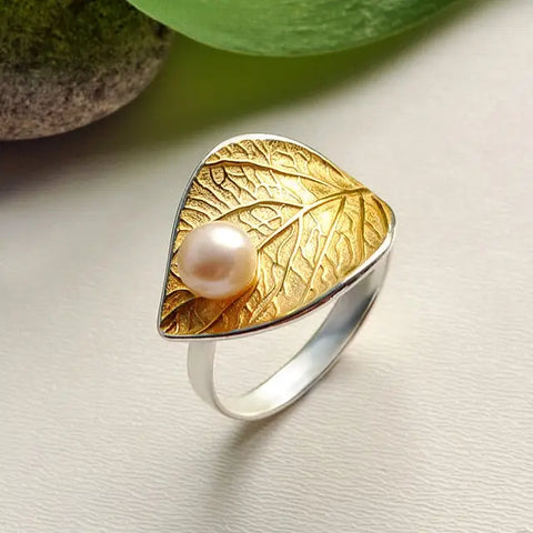 Water drop on a Leaf Sterling Silver Ring