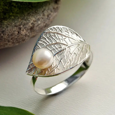 Water drop on a Leaf Sterling Silver Ring