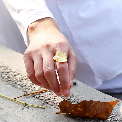 Water drop on a Leaf Sterling Silver Ring