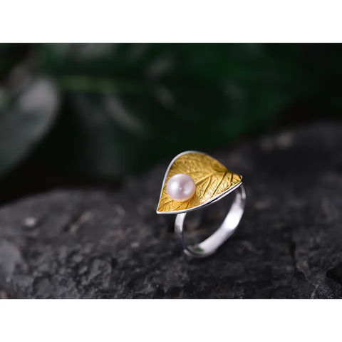 Water drop on a Leaf Sterling Silver Ring