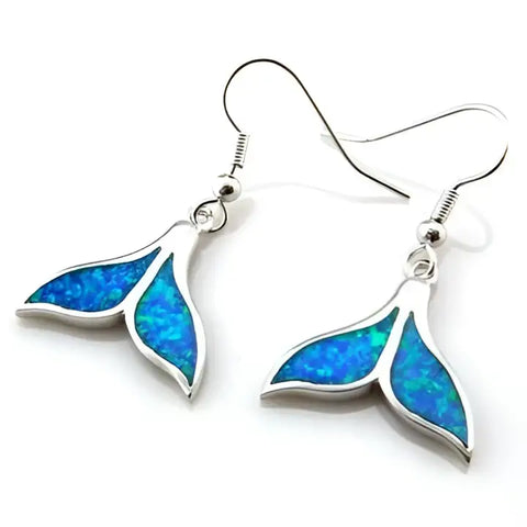 Silver whale tail earrings with blue opal inlays, ocean protection symbol
