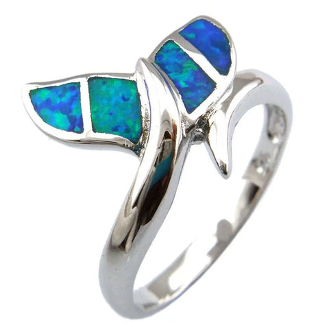 Silver whale tail ring with blue green opal inlays by Helping Animals At Risk