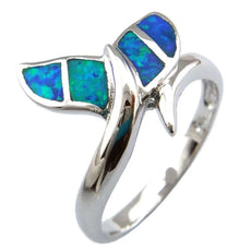 Silver whale tail ring with blue green opal inlays by Helping Animals At Risk