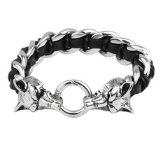 Wolf bracelet - black leather and silver wolf-head design with braided chain