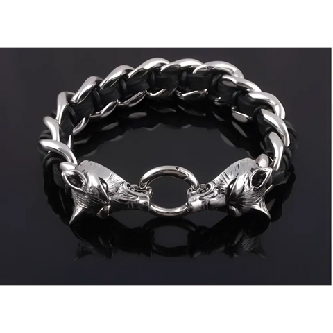 Silver wolf head clasp on black leather strength bracelet