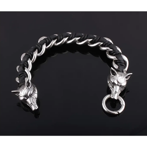 Silver wolf-head chain bracelet with black braided cord, Wolf Bracelet back view