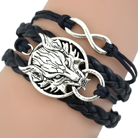 Black braided leather Wolf Bracelet with silver wolf head and infinity charm