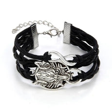 Black braided leather Wolf Bracelet with silver wolf head charm