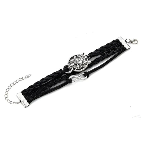 Black braided leather Wolf Bracelet with silver wolf head charm and infinity symbol
