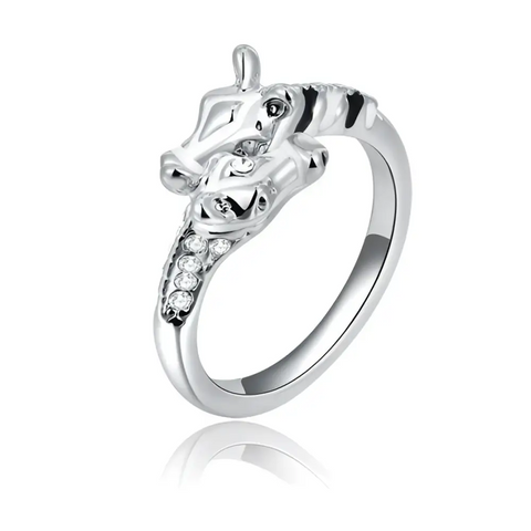 Silver tiger head Zebra Ring with clear stone band, wildlife symbol