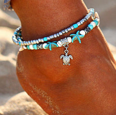 Multi Layer Starfishes and Turtle Bead Anklet