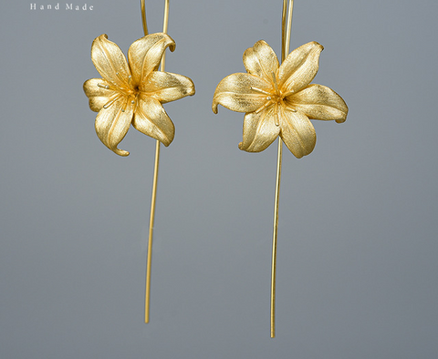 925 Sterling Silver Long Flower Earrings