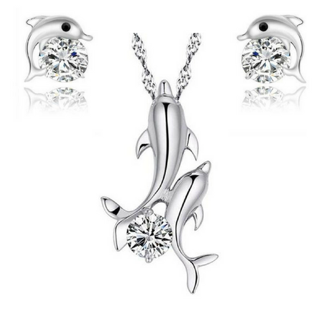 Double Dolphin Necklace And Earrings Set
