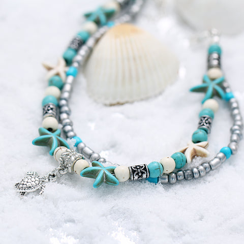Multi Layer Starfishes and Turtle Bead Anklet