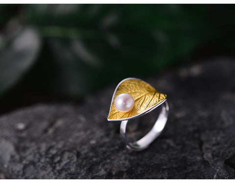 Water drop on a Leaf Sterling Silver Ring
