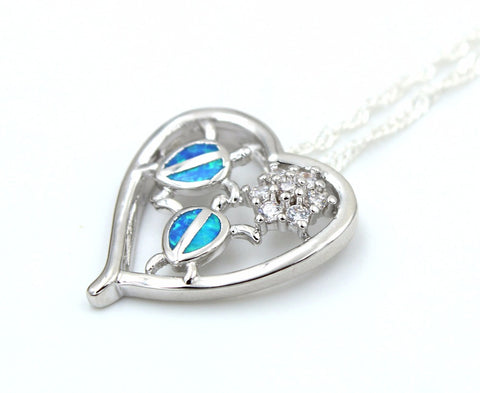 Blue Opal Heart With Turtles Necklace