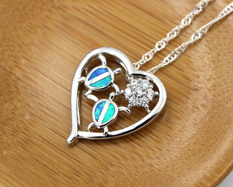 Blue Opal Heart With Turtles Necklace