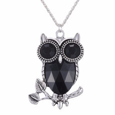 Vintage Black Crystal Owl Necklace