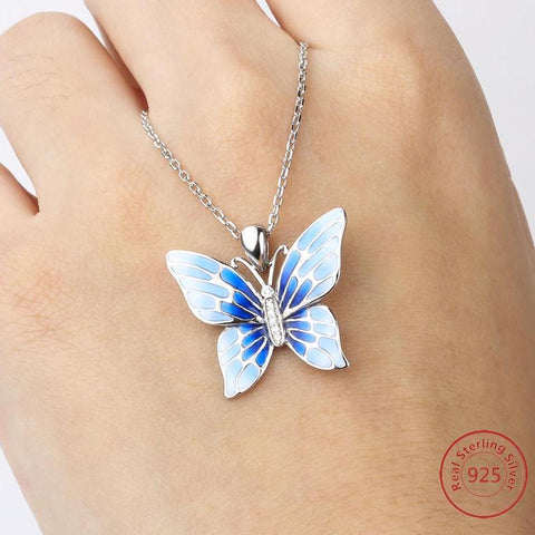 Flying Blue Butterfly Silver Necklace