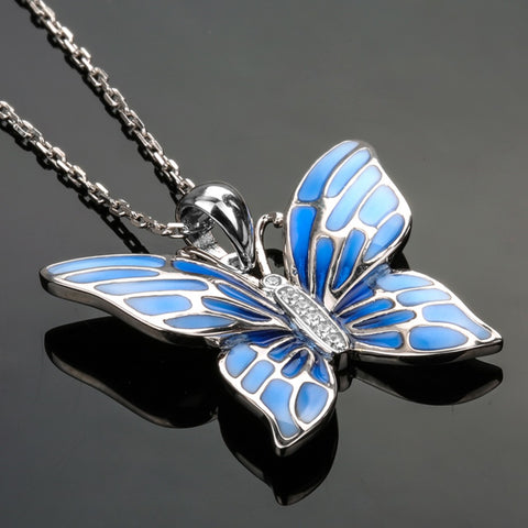 Flying Blue Butterfly Silver Necklace