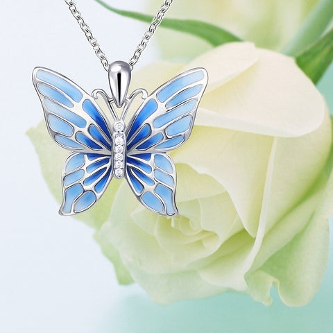 Flying Blue Butterfly Silver Necklace