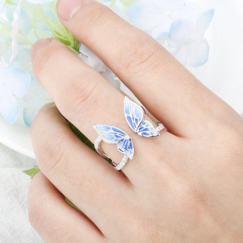 Flying Blue Butterfly Silver Ring