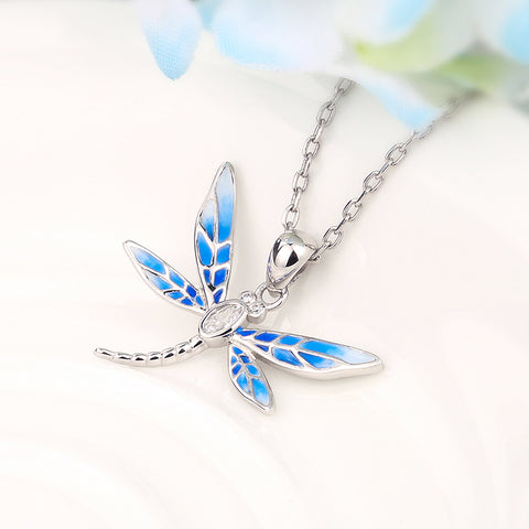 Flying Blue Dragonfly Silver Necklace