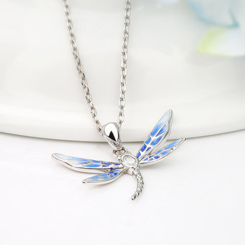 Flying Blue Dragonfly Silver Necklace