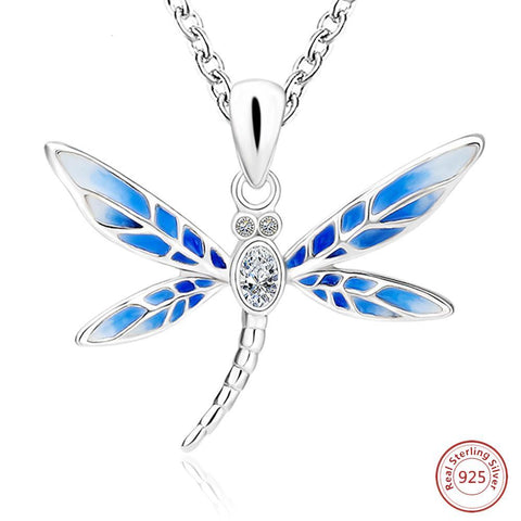 Flying Blue Dragonfly Silver Necklace