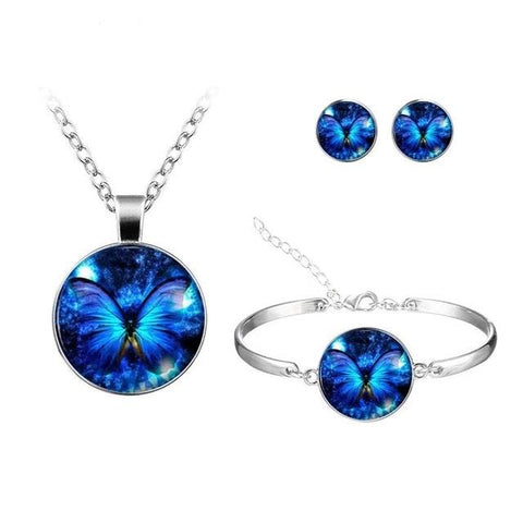 Blue Butterfly Round Cameo - Necklace and Earring Set