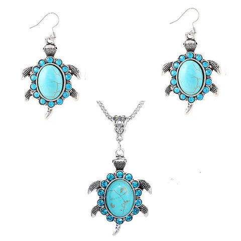 Turquoise Rhinestone Turtle Necklace And Earrings Set