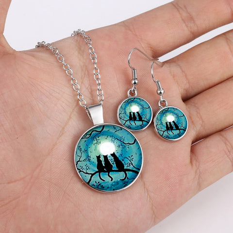 Three Cats Glow In the Dark Round Cameo - Necklace and Earring Set