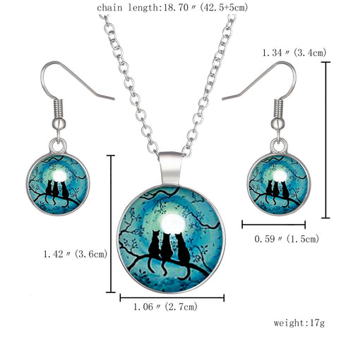 Three Cats Glow In the Dark Round Cameo - Necklace and Earring Set